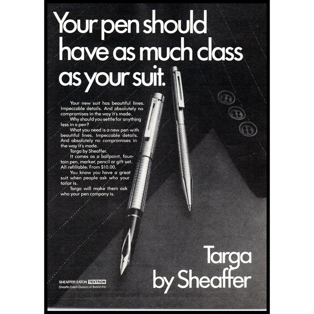1978 Targa Pen by Sheaffer Vintage Print Ad Business Suit 70s Fashion Wall Art